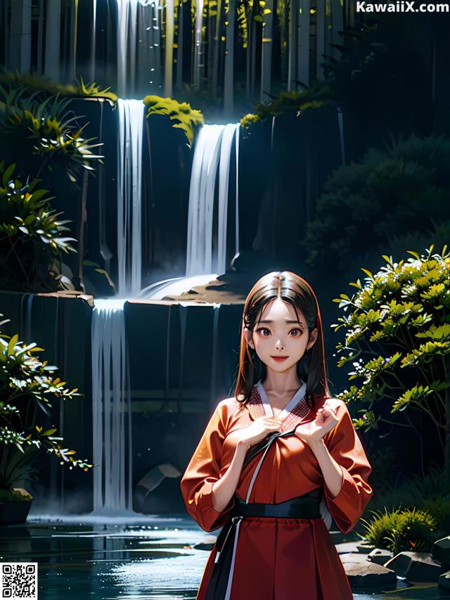A woman in a red kimono standing in front of a waterfall.